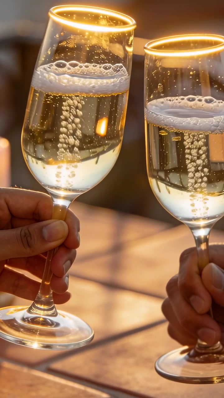 Vertical video: Lifting two hands holding flutes, clinking rims on terrace at sunset, toasting