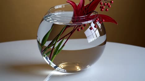 elegant red flower with green stems carefully positioned in transparent glass vase, water reflecting soft light against neutral brown background creating minimalist home decor composition