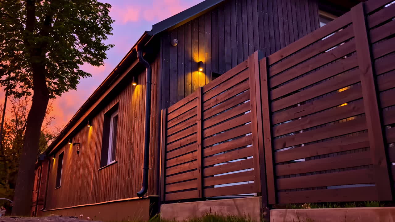 Contemporary wooden house with slat fence and outdoor lights in sunset glow colors