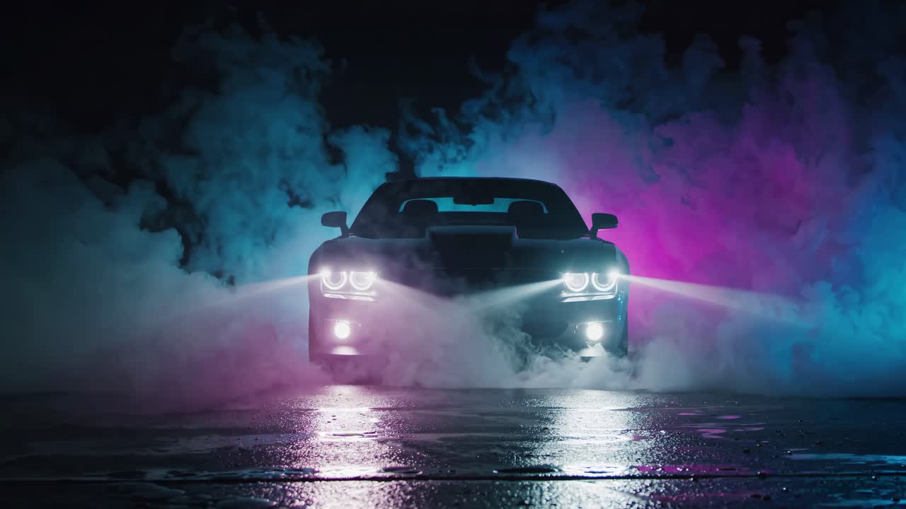Black Sports Car in Neon Smoke