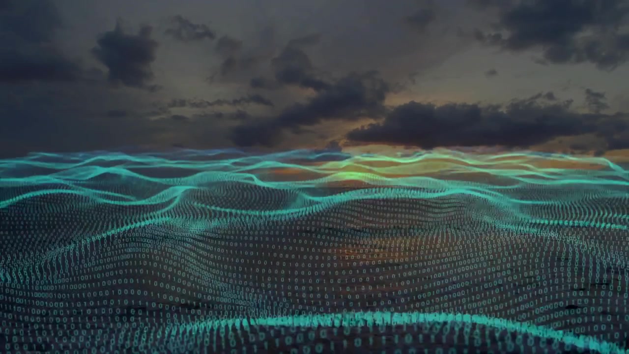 Opening ripple launching binary grid waves streaming data toward viewer across sunset horizon