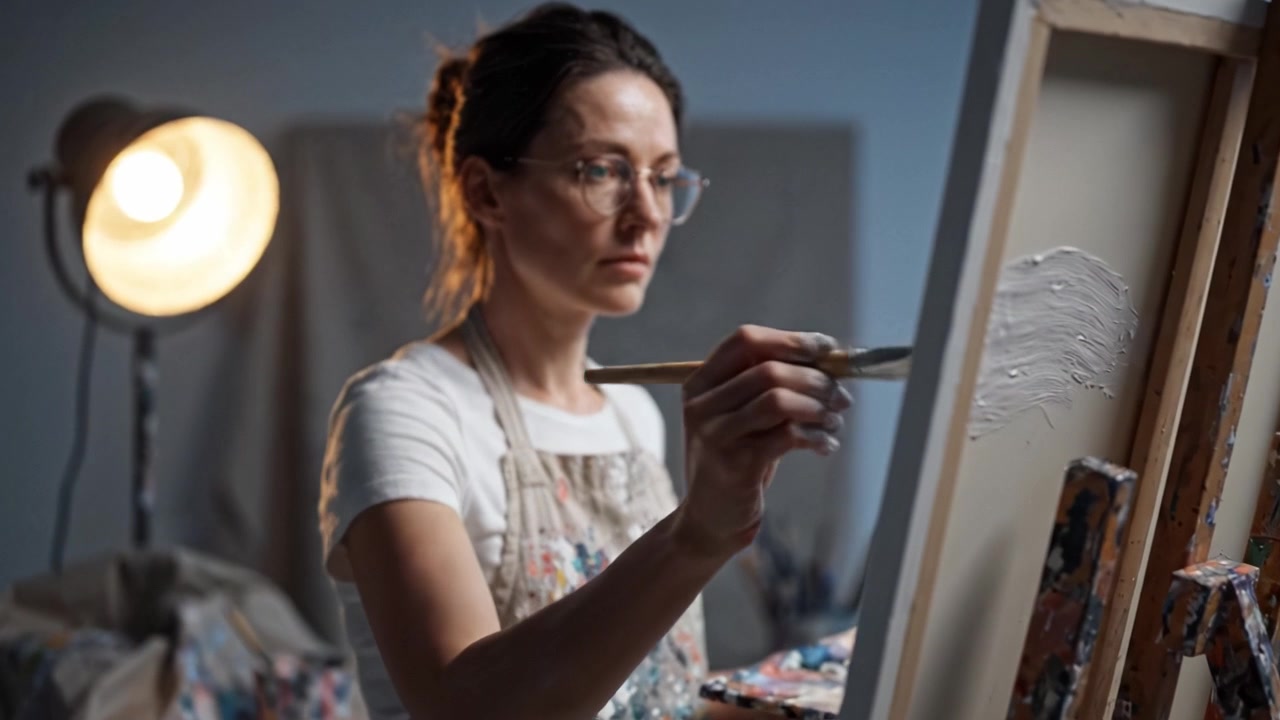Un'artista si concentra sulla sua arte: momenti accattivanti di creatività nello studio mentre dipinge deliberatamente su una tela sotto una luce calda