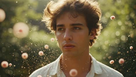 a serene portrait of a young man surrounded by ethereal floating spheres in a lush green background, capturing a moment of reflection and tranquility