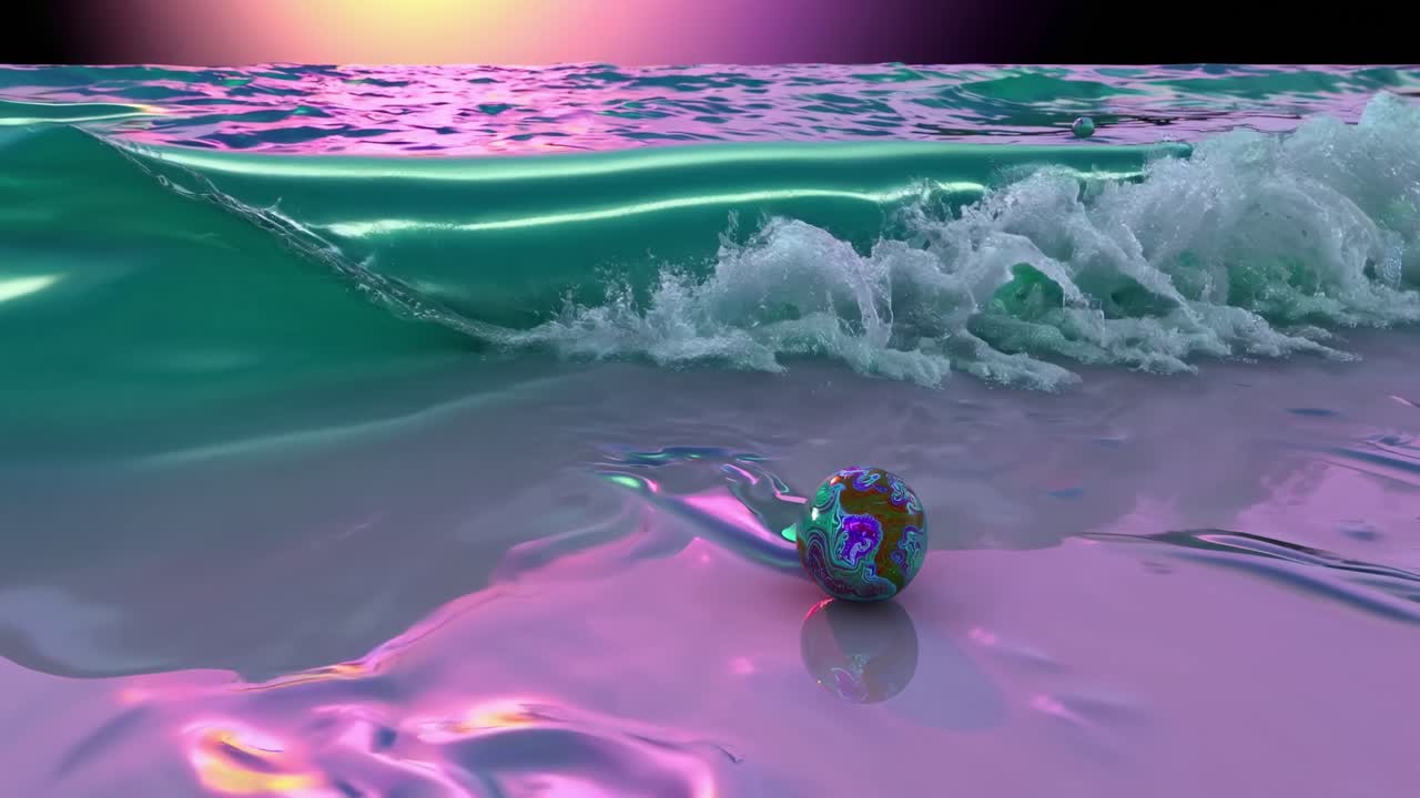 Multiple decorative spheres are rolling on the wet sand of a pink beach with turquoise waves at sunset, creating a surreal and dreamy atmosphere