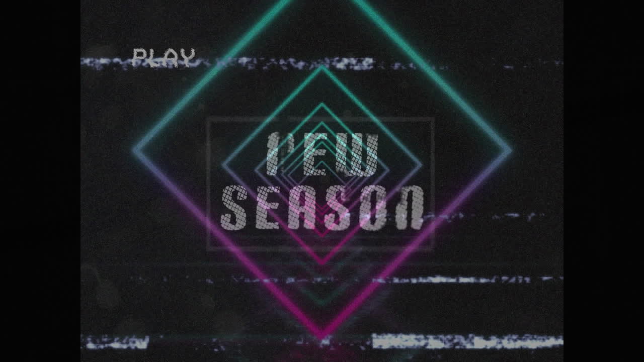 animación del texto de la nueva temporada sobre la pantalla de reproducción y formas geométricas coloridas