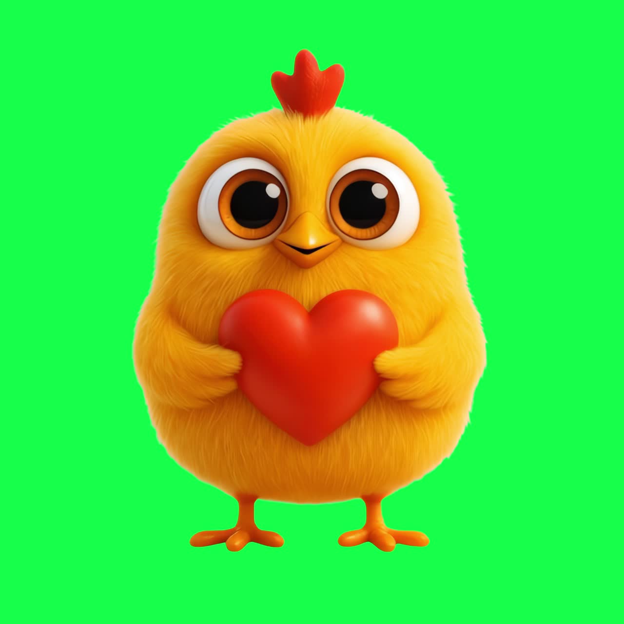 Animación de pollito lindo y esponjoso sosteniendo un corazón, video 4K transparente, pantalla verde