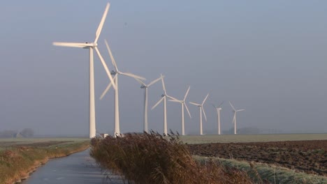 wind turbines on agricultural land with drainage ditch