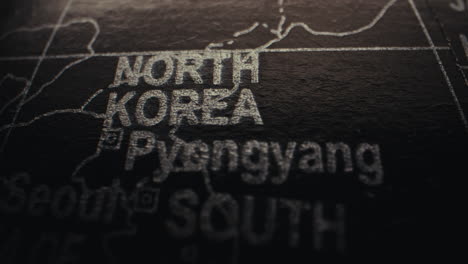 close-up of a world map showing north korea and pyongyang