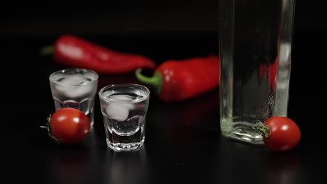 Semillas-De-Sésamo-Escasas-En-Dos-Tazas-De-Vodka-Cerca-De-La-Botella-Con-Vodka