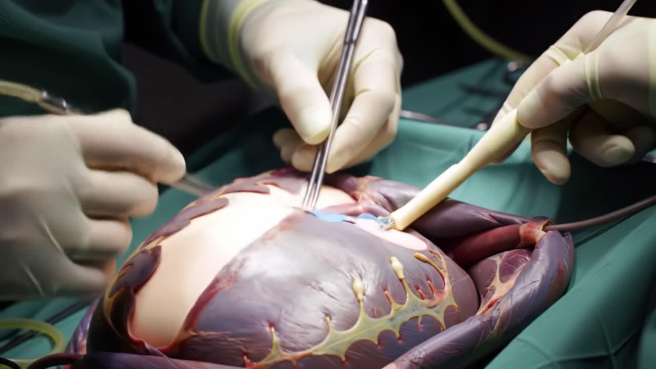 Two skilled surgeons perform a delicate organ transplant using precise instruments in a sterile environment. Focus on teamwork and technique as they handle the anatomy carefully.