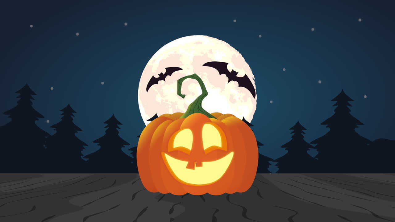 celebración de halloween con una calabaza y un murciélago volador, animación