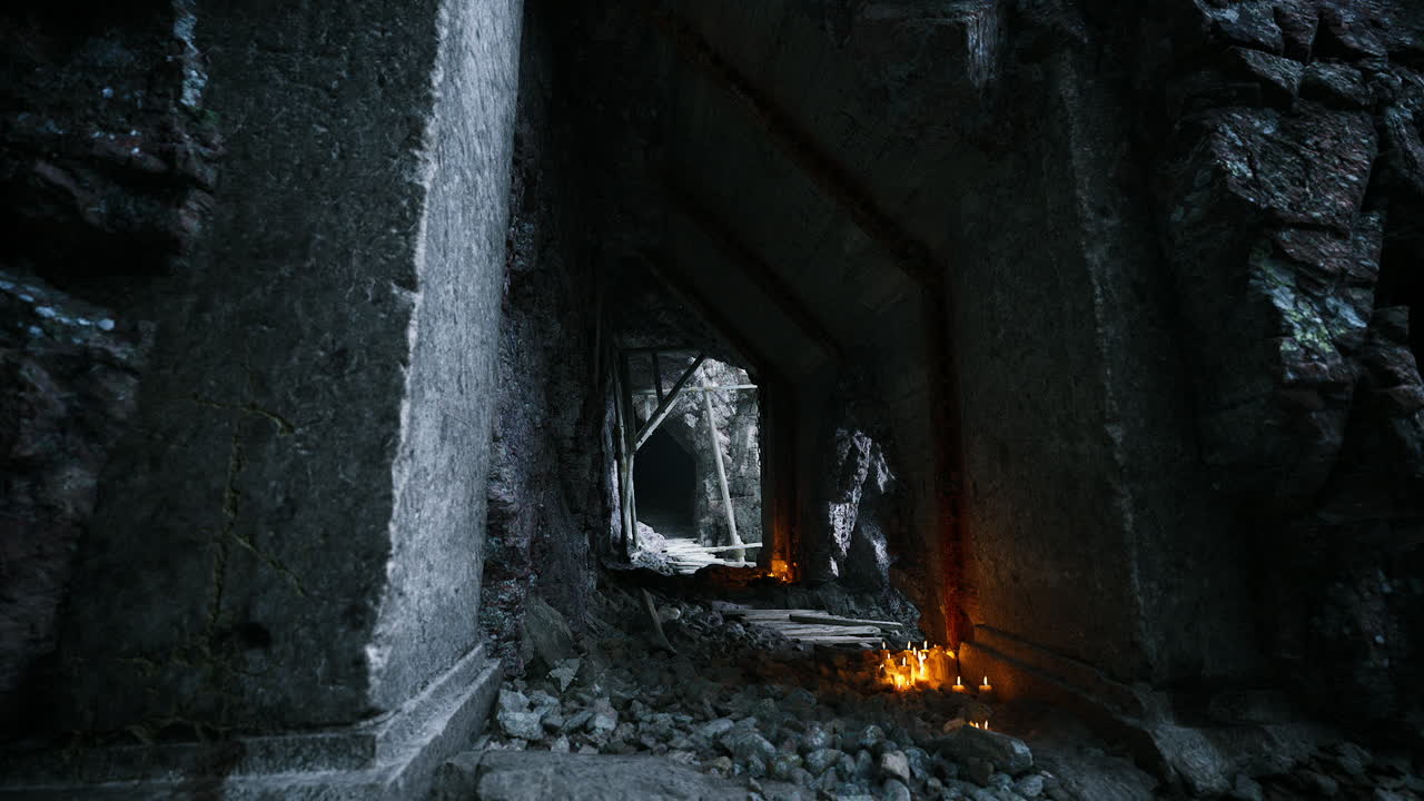 Mysterious ancient passageway with flickering flames in dark cavern