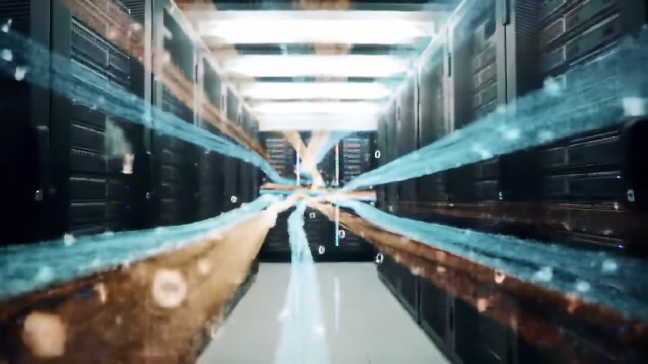 Exploring the Dynamic World of Data Transmission Through a High-Tech Server Room, Visualizing Connectivity with Streams of Binary Information Flowing Vividly