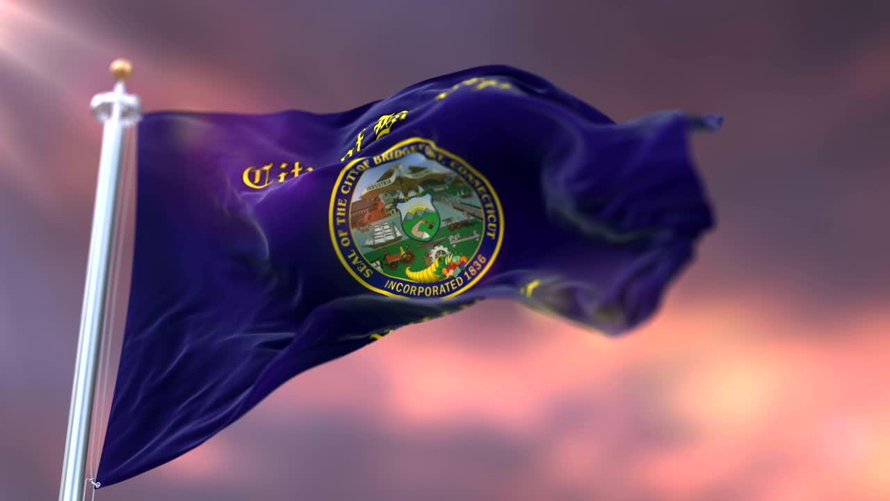 bandera de bridgeport al atardecer, ciudad de connecticut, estados unidos de américa - bucle