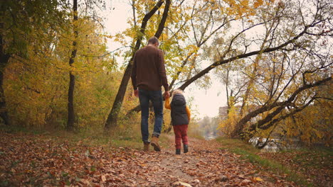 walk of father and son in autumn forest man and boy are holding hands and moving on pathway between yellowed trees stepping on dry foliage on ground rear view