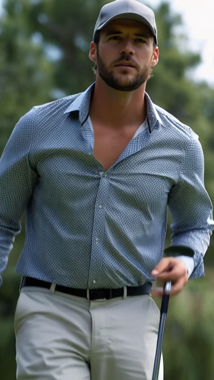 Un gentiluomo si accovaccia, concentrato sulla pallina da golf. Le mani stringono il putter, gli occhi fissi sul bersaglio. Vestito con una camicia a fantasia e un cappellino, si prepara. Erba verde e alberi incorniciano una postura rilassata e seria.