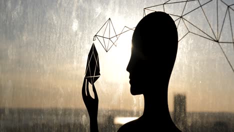 silhouette of person holding geometric crypto symbol at sunset