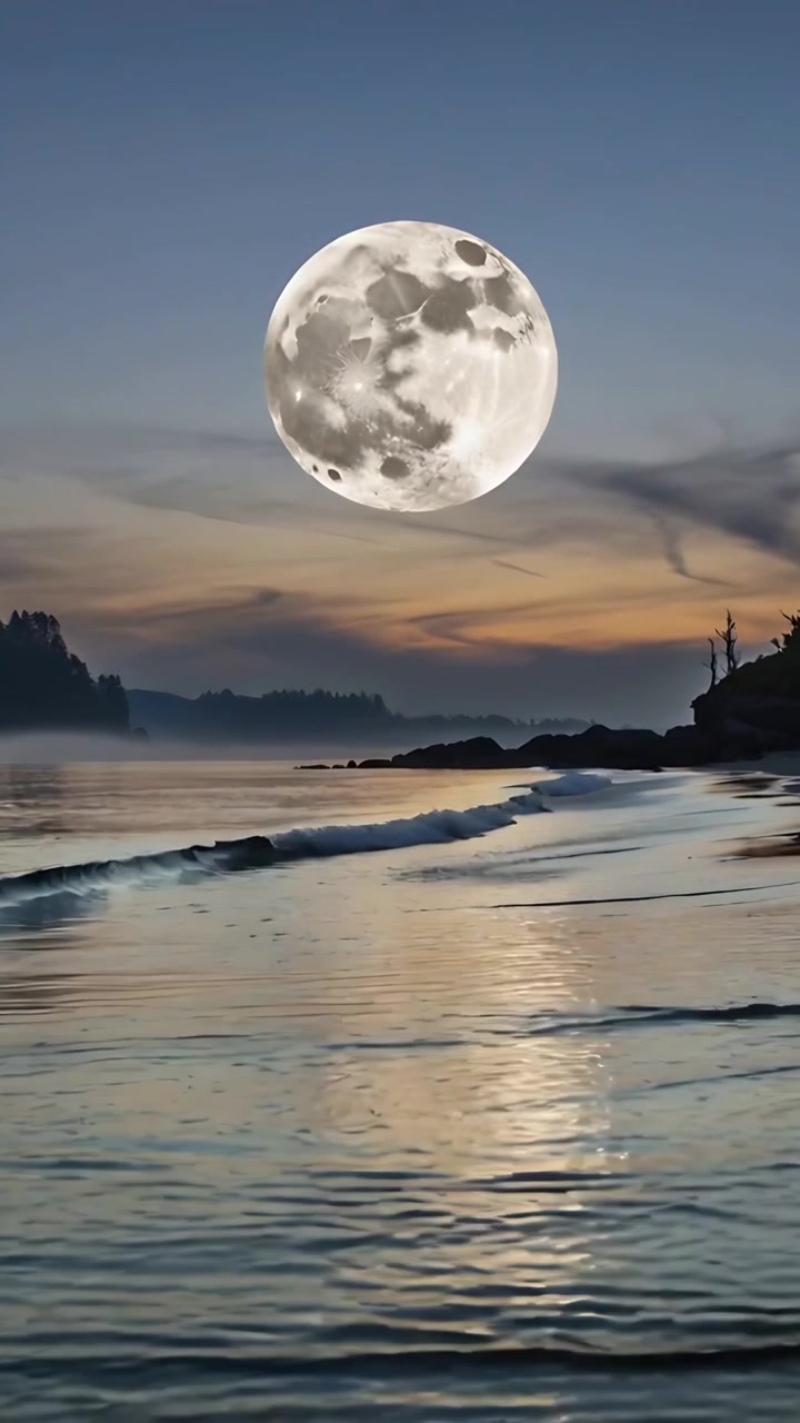 Vídeo vertical: Projetando reflexo de lua cheia em areia molhada ao anoitecer, brisa suave empurrando pequenas ondas