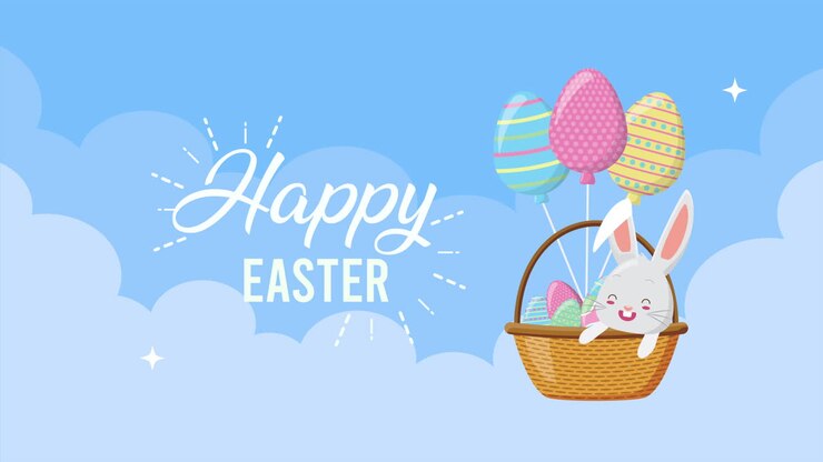 happy easter animated card with rabbit in basket and balloons helium