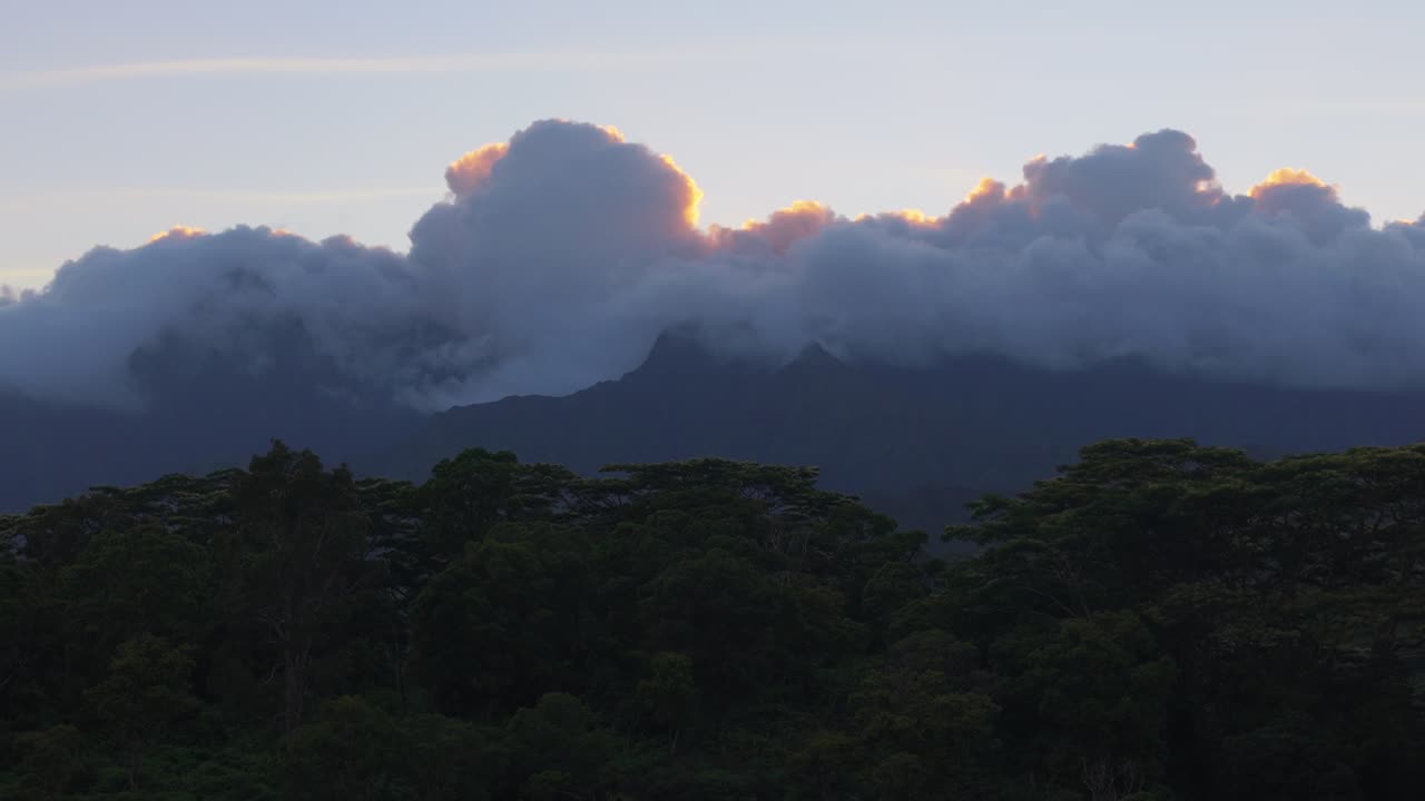 4K Aerial of Lihu'e-Koloa Forest Reserve at sunset, in Kauai, Hawaii, USA