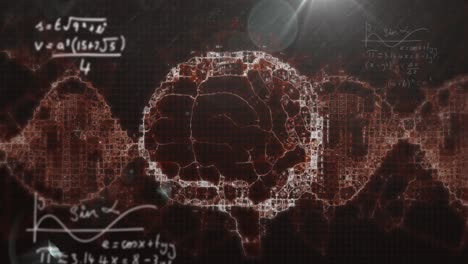 animación de ecuaciones matemáticas, punto de luz y onda digital sobre el icono del cerebro humano giratorio.