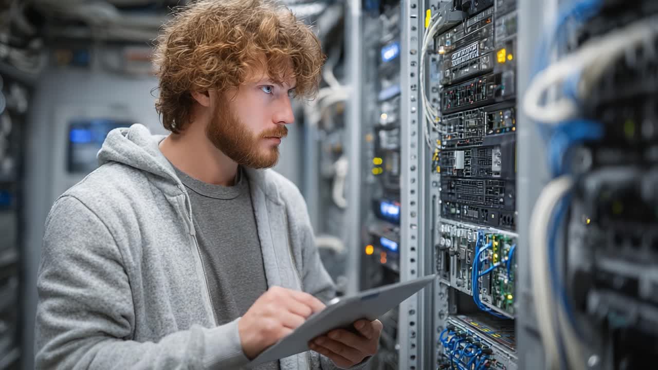 A focused technician evaluates server configurations in a data center, utilizing a tablet to manage network systems and ensure optimal performance of hardware