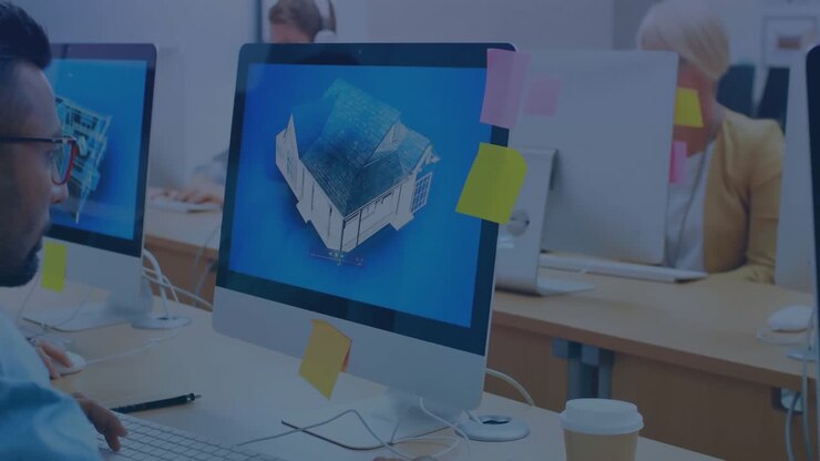Designer initiating encrypted data transfer overlay, typing and revealing rotating 3D house model