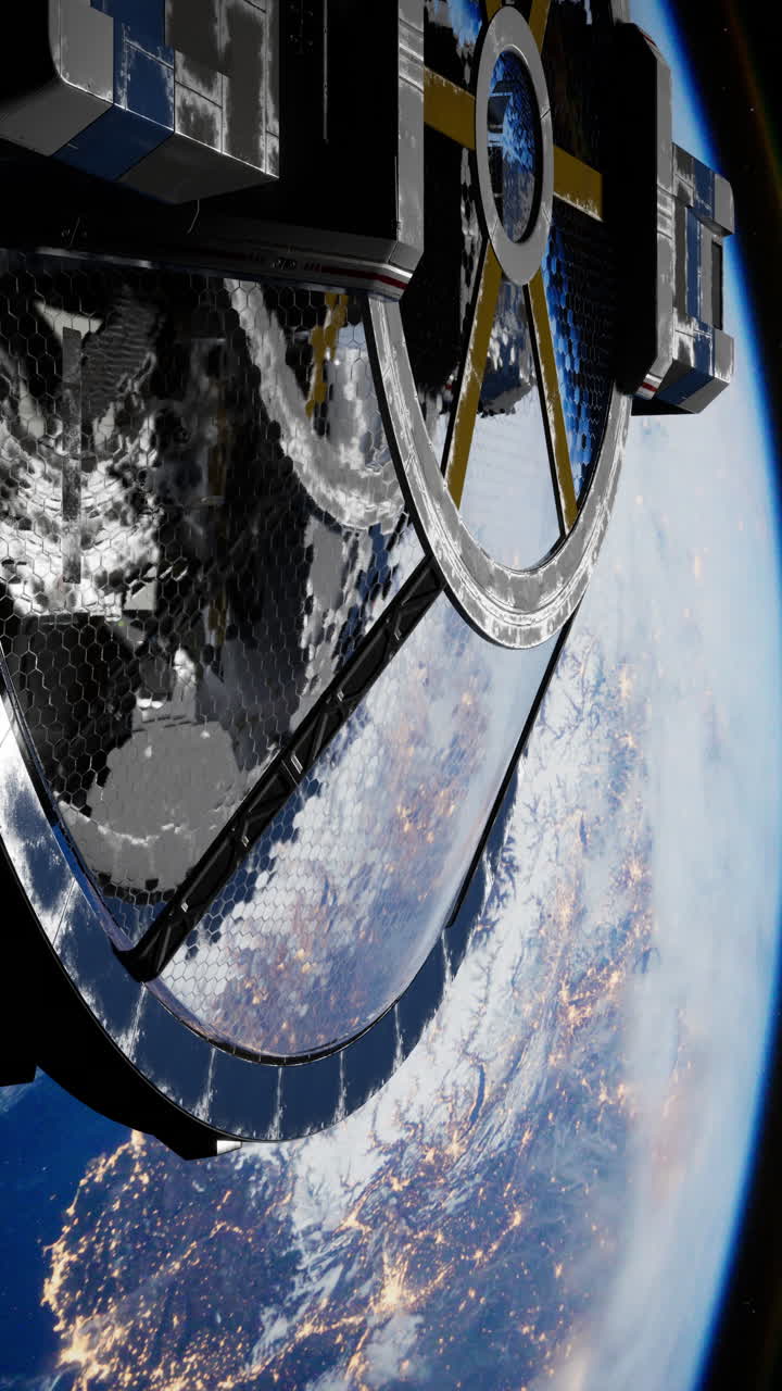 una estación espacial futurista orbita la tierra por la noche.