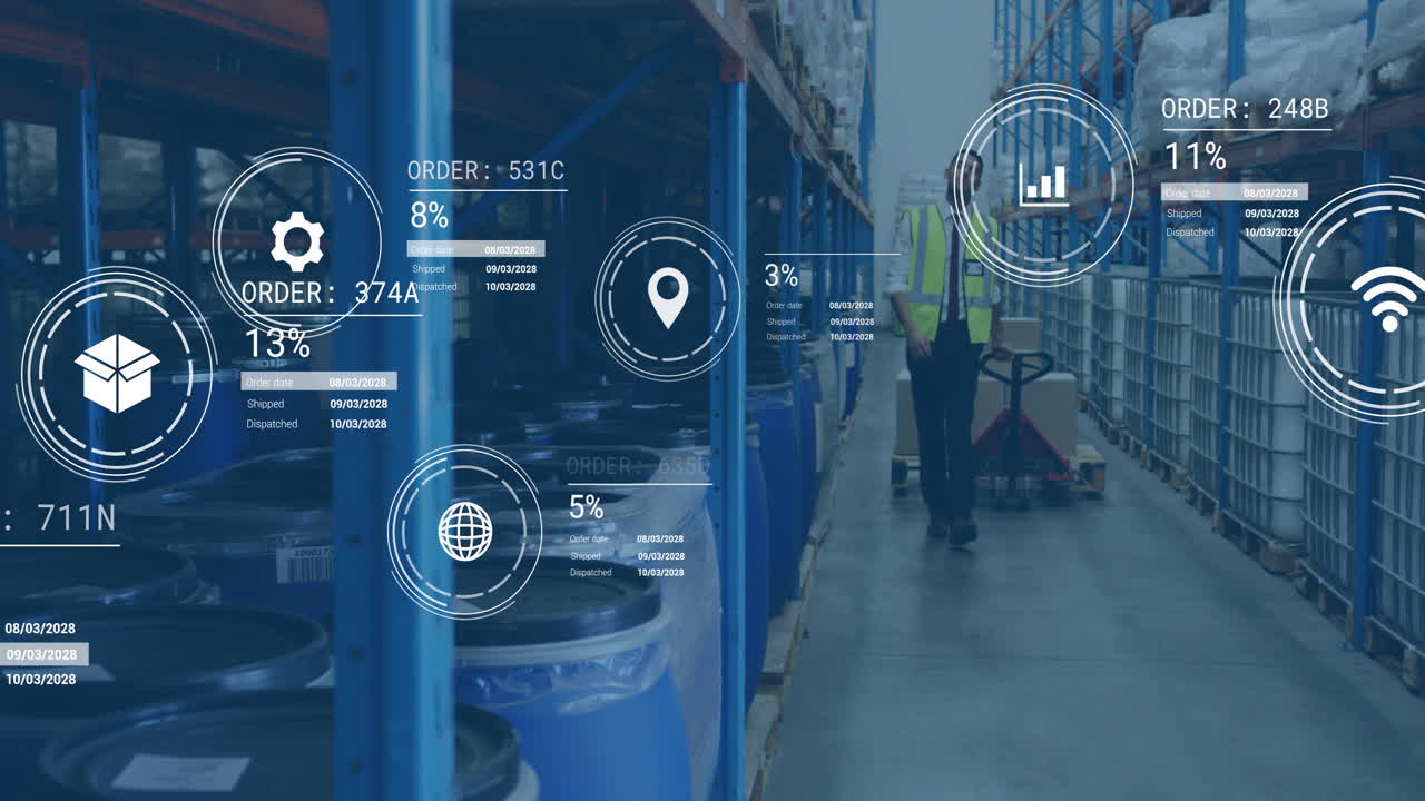 Managing inventory, warehouse worker using animation data analytics on blue barrels
