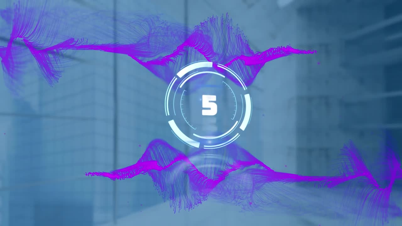 animación de la cuenta atrás y el procesamiento de datos financieros sobre edificios de oficinas.