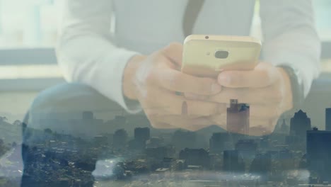 animation of cityscape over caucasian businessman using smartphone