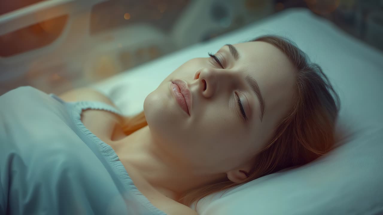 Camera starting capture showing adult female breathing and resting on hospital bed, gown, monitors