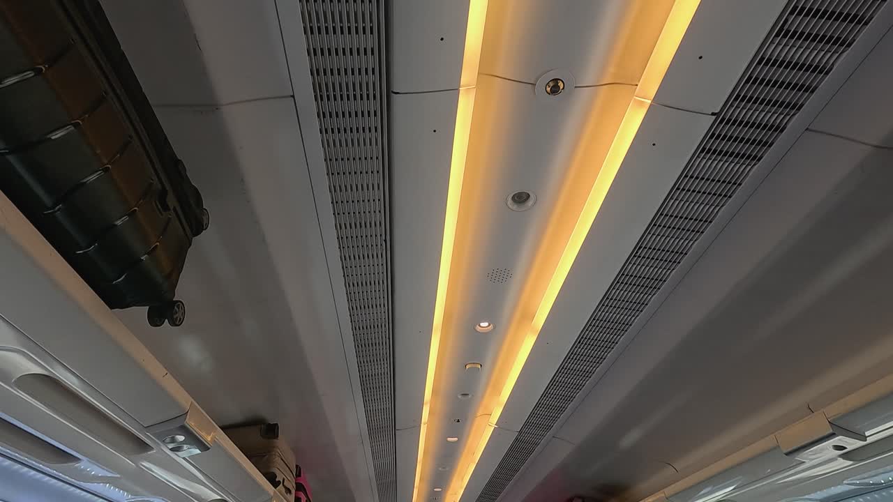pasajeros y equipaje dentro de un tren en movimiento