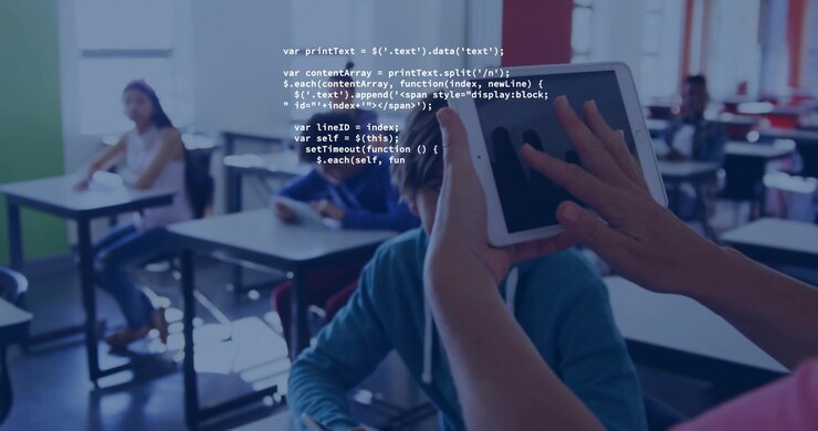 Female teacher raising tablet toward student animating transparent JS CSS overlays teaching coding