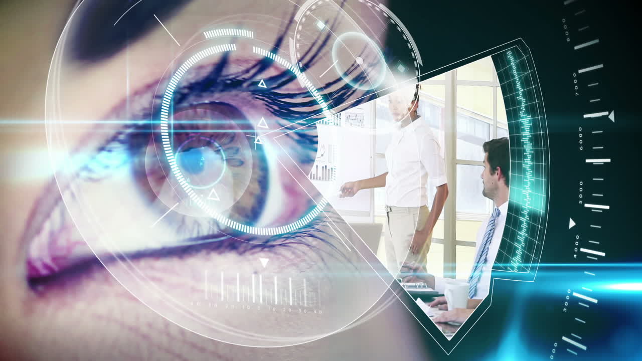 occhio guardando l'interfaccia futuristica che mostra clip aziendali