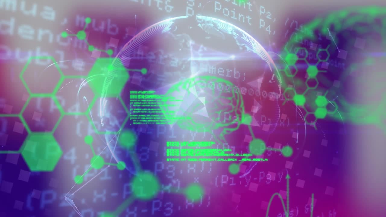 Animation of data processing with chemical formula and digital brain over globe on purple background