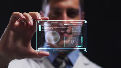 animation of male scientist holding interactive screen with medical data processing