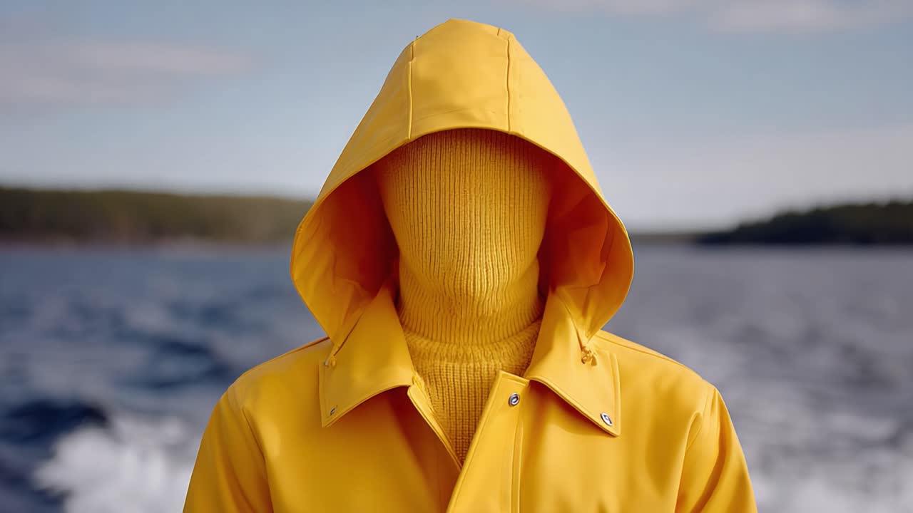 A Mysterious Figure in a Yellow Raincoat Stands by the Water, Emanating an Air of Enigma Against a Serene Seascape Background