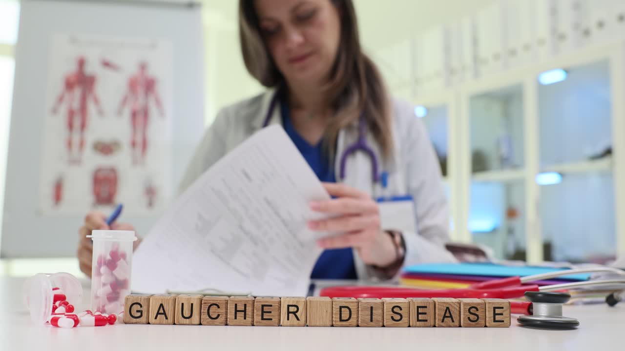 Wooden blocks spell phrase gaucher disease on clinic desk