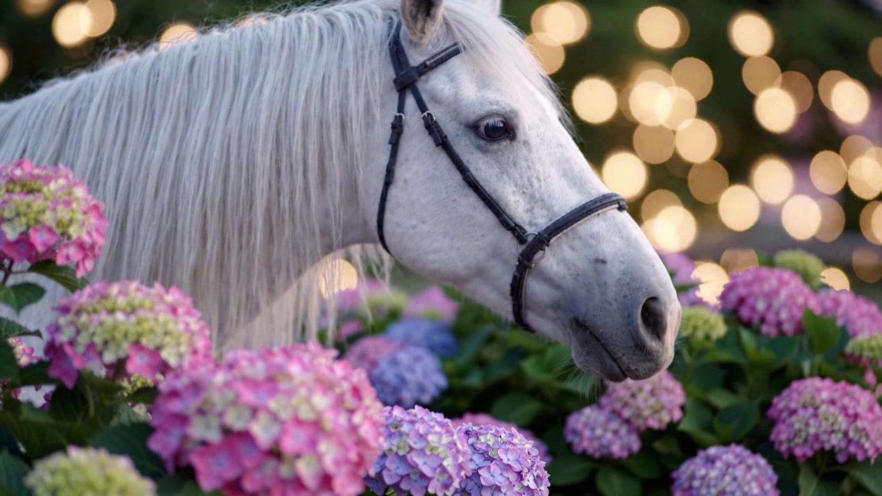 A Beautiful White Horse Surrounded by Colorful Hydrangeas and Twinkling Lights, Capturing a Serene Moment in Nature's Floral Embrace