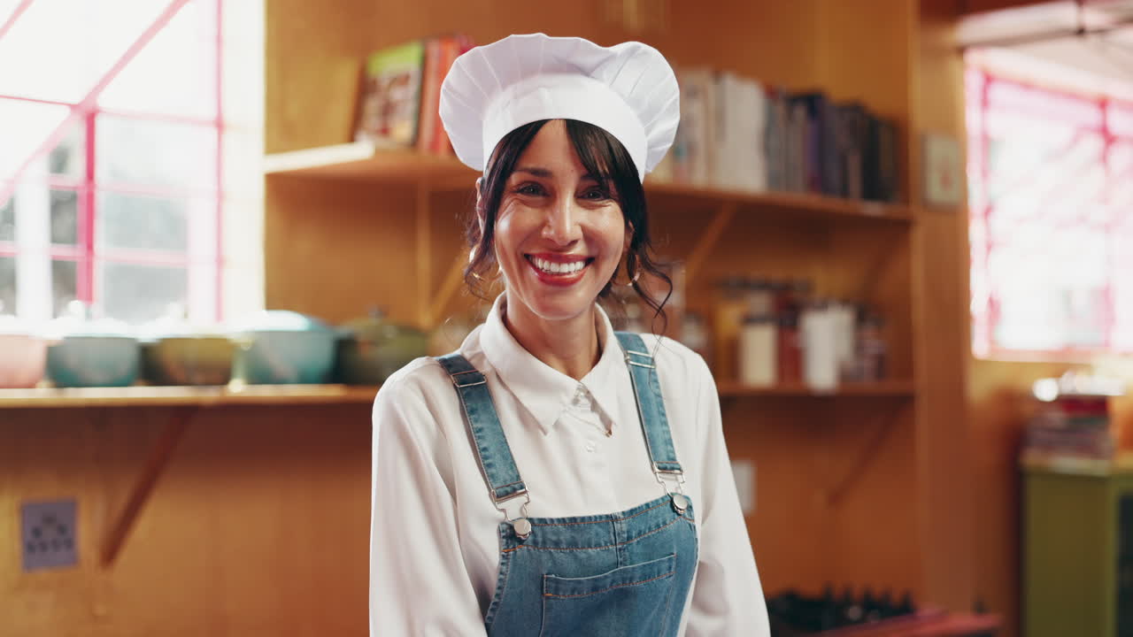 Donna con cappello da chef sorridente in cucina