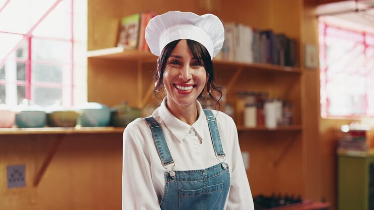 Donna con cappello da chef sorridente in cucina