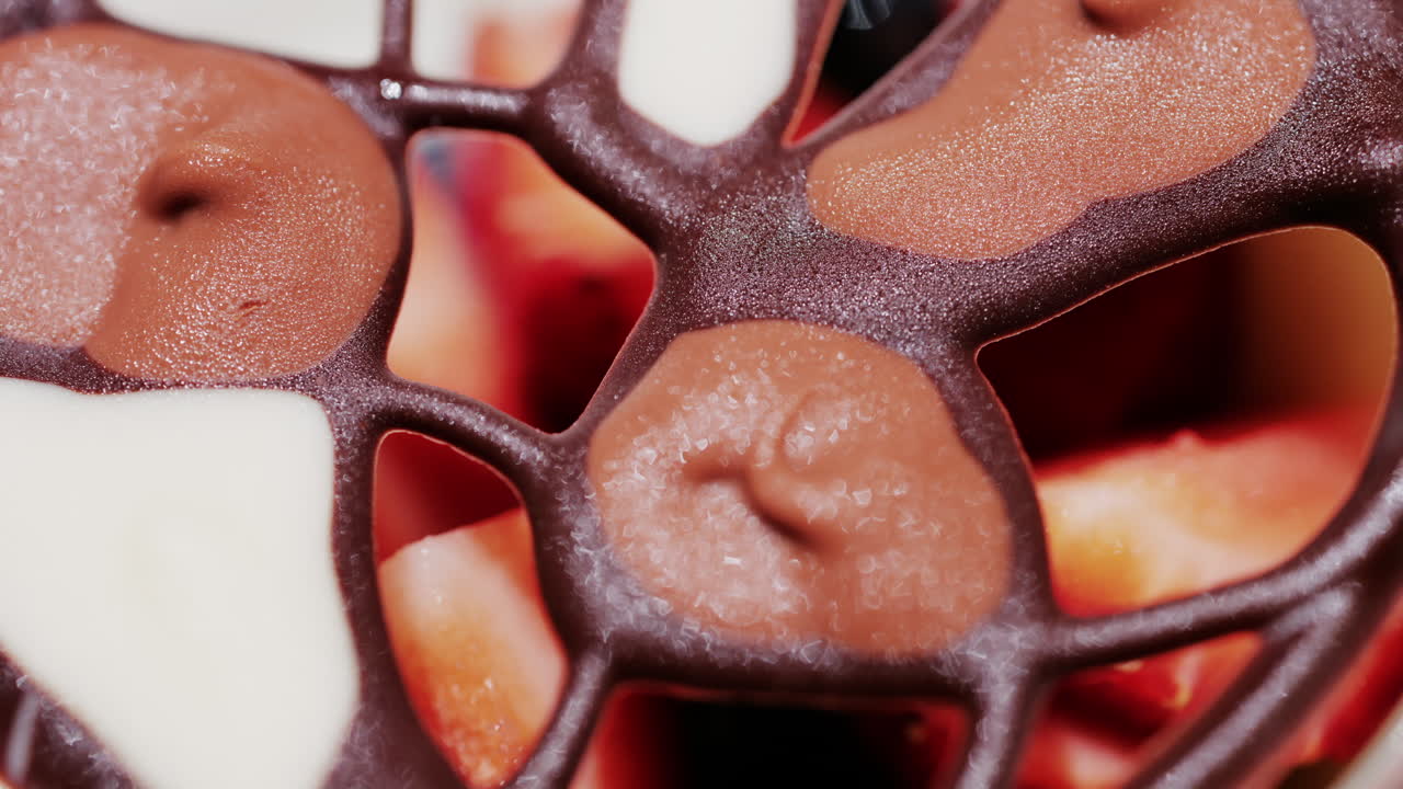 Elegant dessert in a glass topped with fresh strawberries, blueberries, and a chocolate lattice decoration