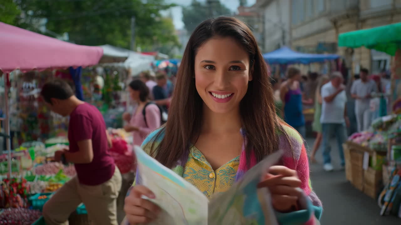Young Woman Explores a Vibrant Outdoor Market with a Map