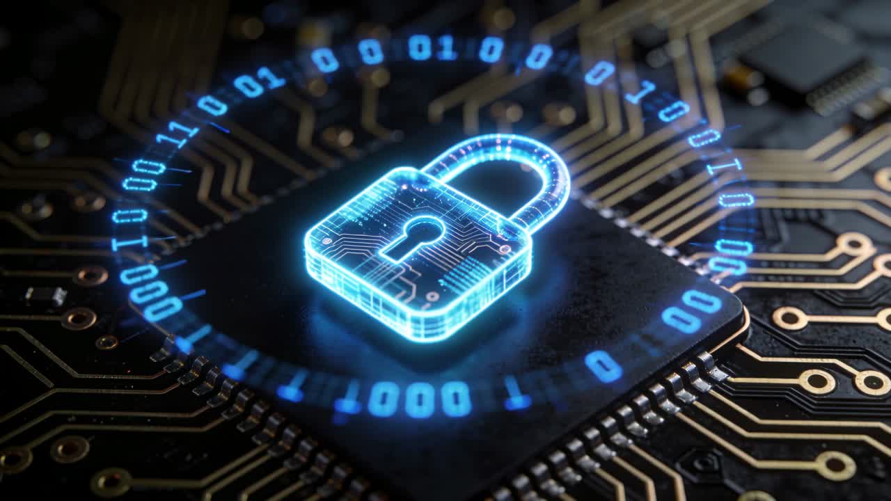 Holographic padlock appearing above chip, rotating binary ring pulsing and securing tech PCB traces