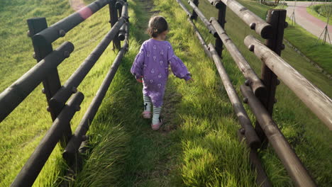 following shot of playful little girl walking up the hill on grassy trail way along wooden logs fence in slow motion