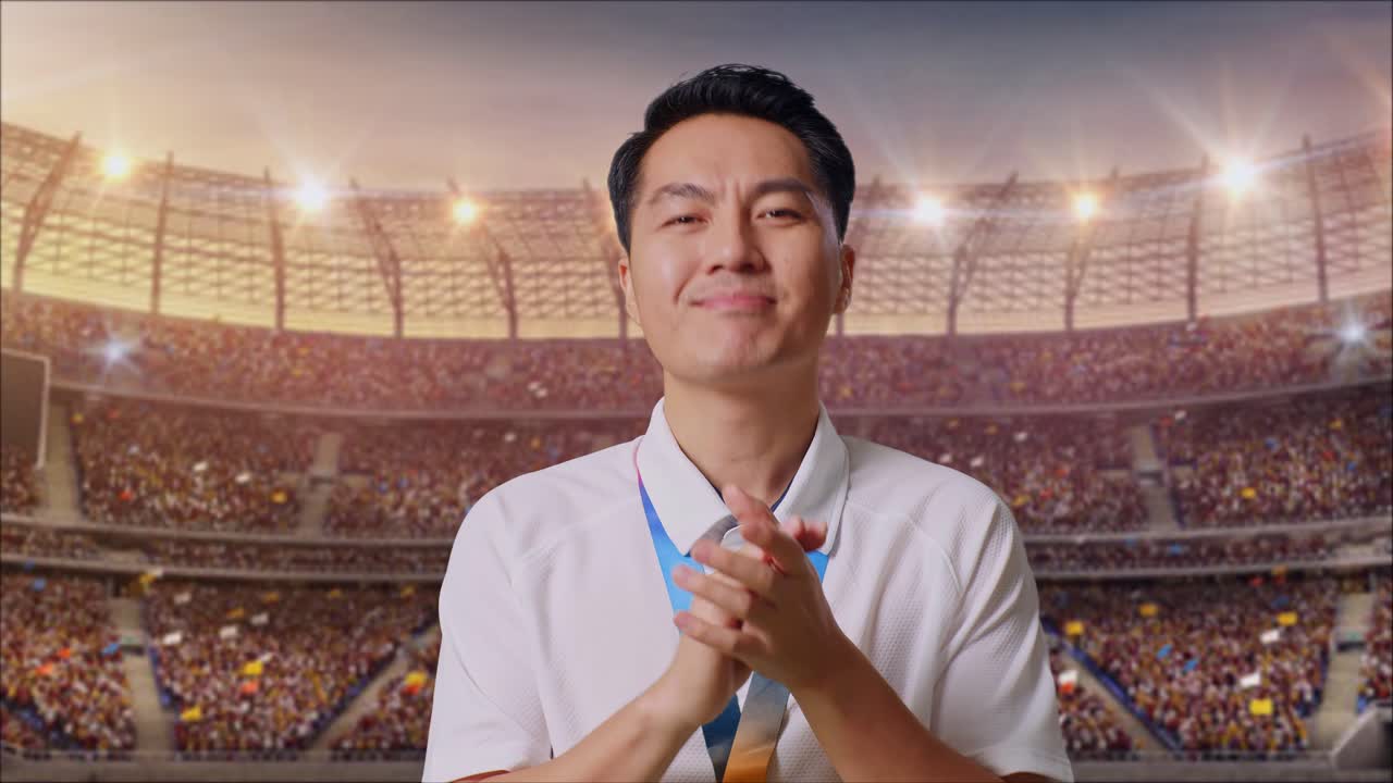 금메달을 달고 손을 치는 아시아 남자가 스타디움에서 첫 번째 우승자로 자랑스럽게 승리하고 있습니다.