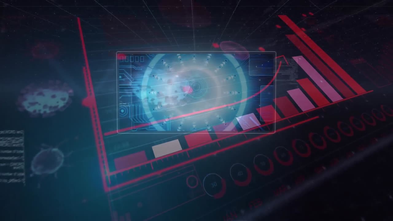 procesamiento de datos estadísticos de covid-19 contra escáner redondo y procesamiento de datos en fondo azul