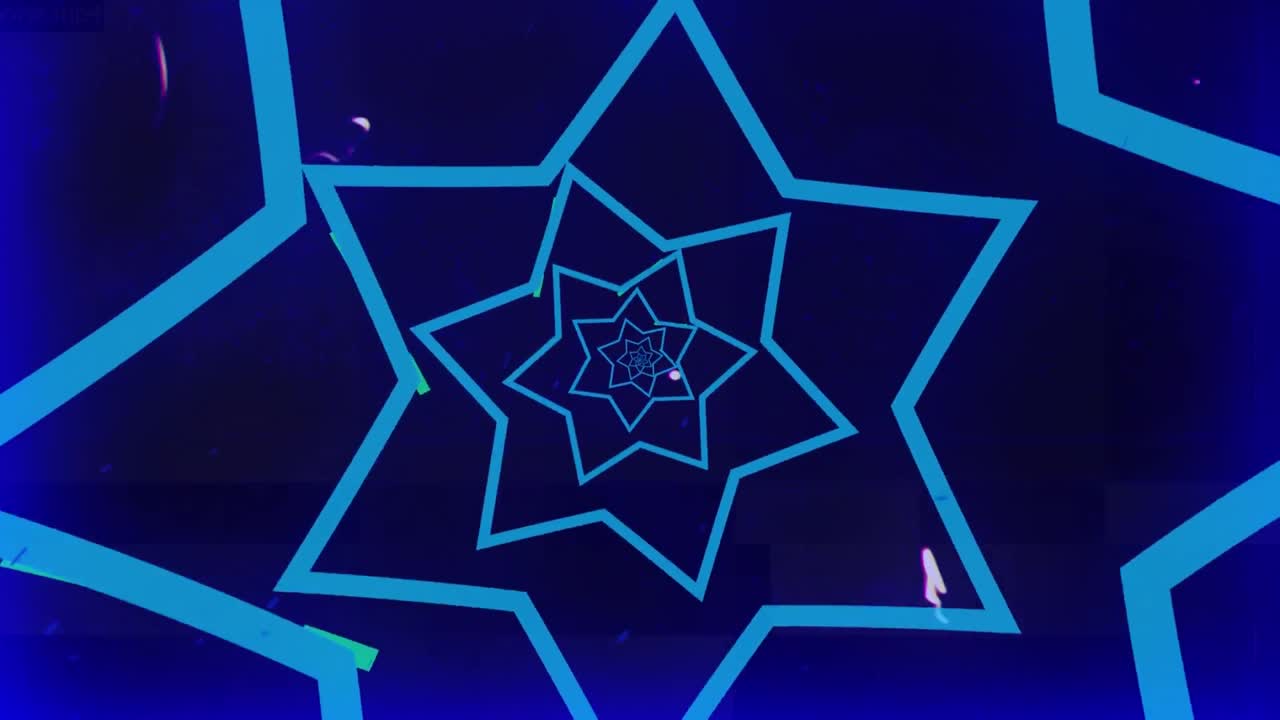 동심 파란색 별의 터널의 애니메이션, 어두운 배경에 녹색 직사각형으로 움직입니다.