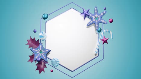 Animation-of-hexagon-frame-with-copy-space-and-christmas-decoration-on-blue-background